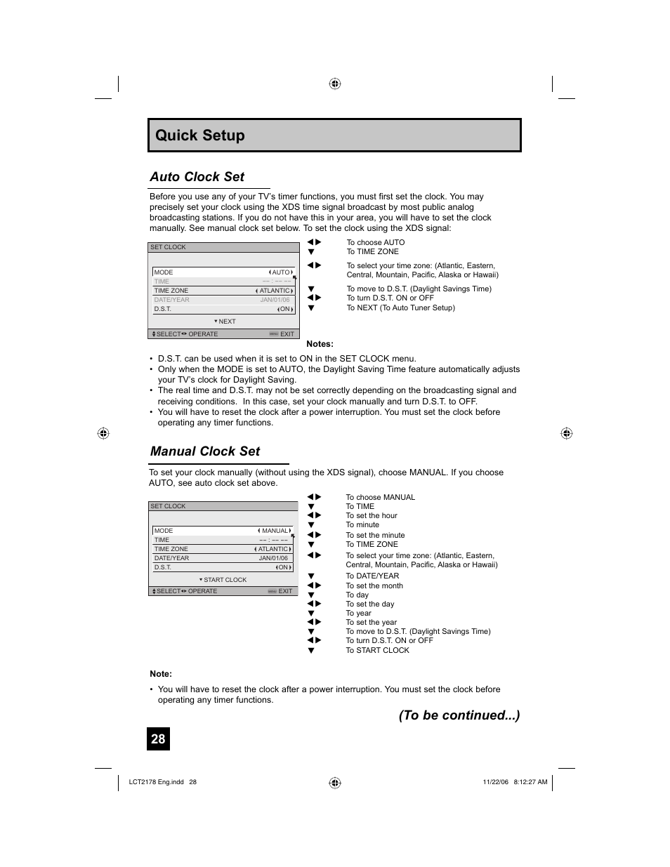 Quick setup, Manual clock set, Auto clock set (to be continued...) | JVC HD-P61R2U User Manual | Page 28 / 96