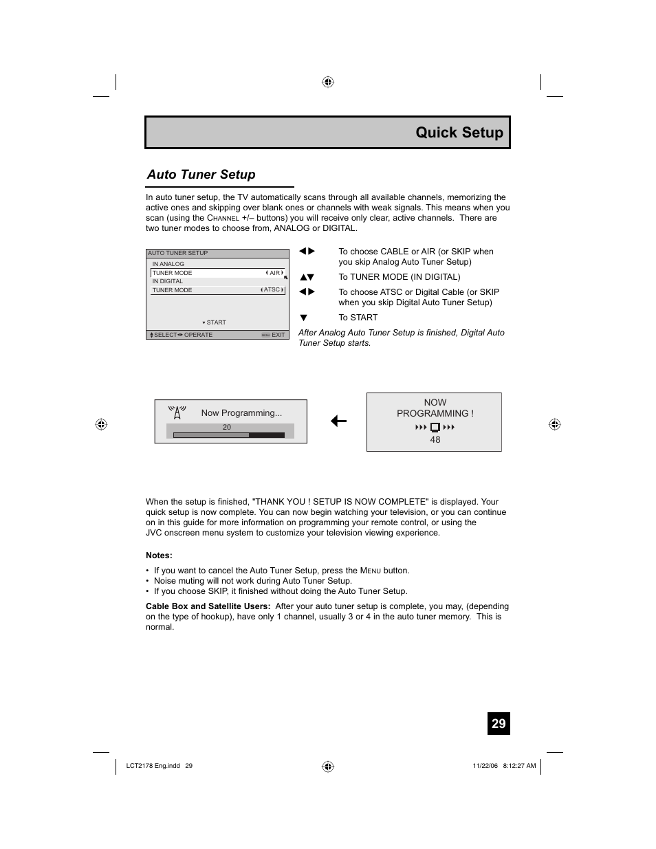 Quick setup, Auto tuner setup | JVC HD-P61R2U User Manual | Page 29 / 96