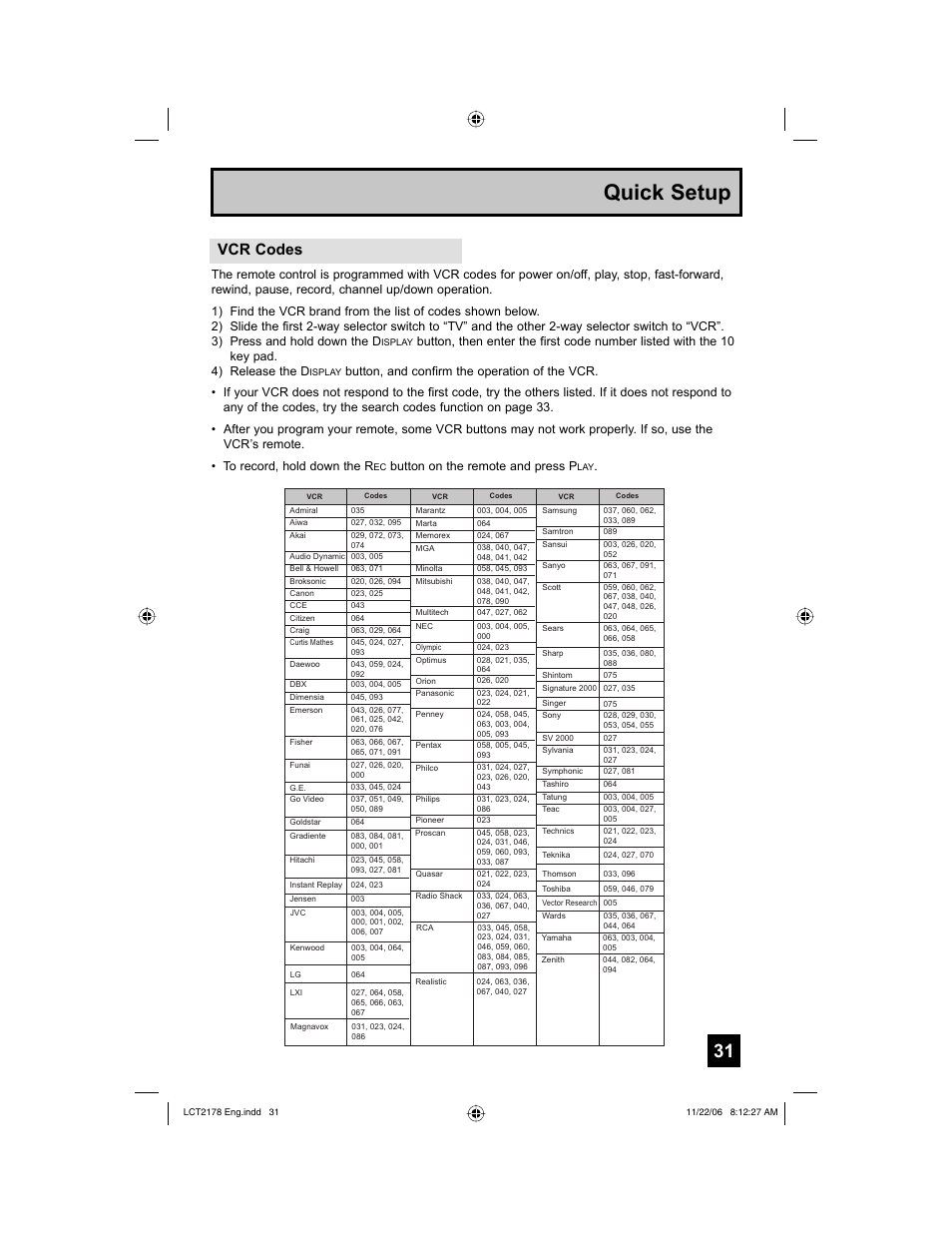 Quick setup, Vcr codes | JVC HD-P61R2U User Manual | Page 31 / 96