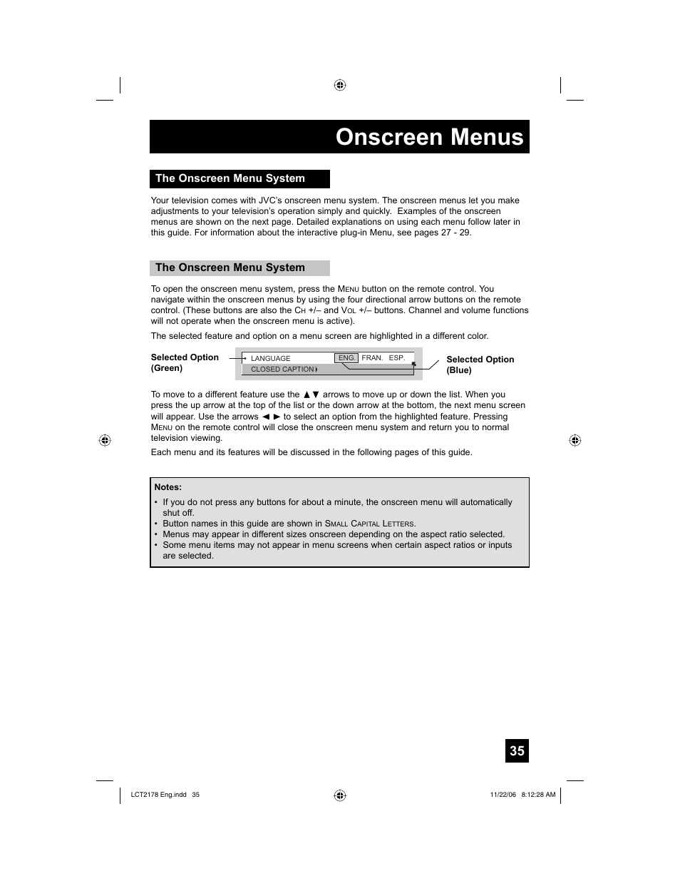 The onscreen menu system, Onscreen menus | JVC HD-P61R2U User Manual | Page 35 / 96
