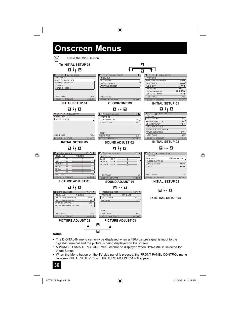 Onscreen menus, Press the m, Button | Picture adjust 01, Picture adjust 02, Sound adjust 01 initial setup 04, Clock/timers, Initial setup 03 initial setup 02, Initial setup 01, Initial setup 05 | JVC HD-P61R2U User Manual | Page 36 / 96