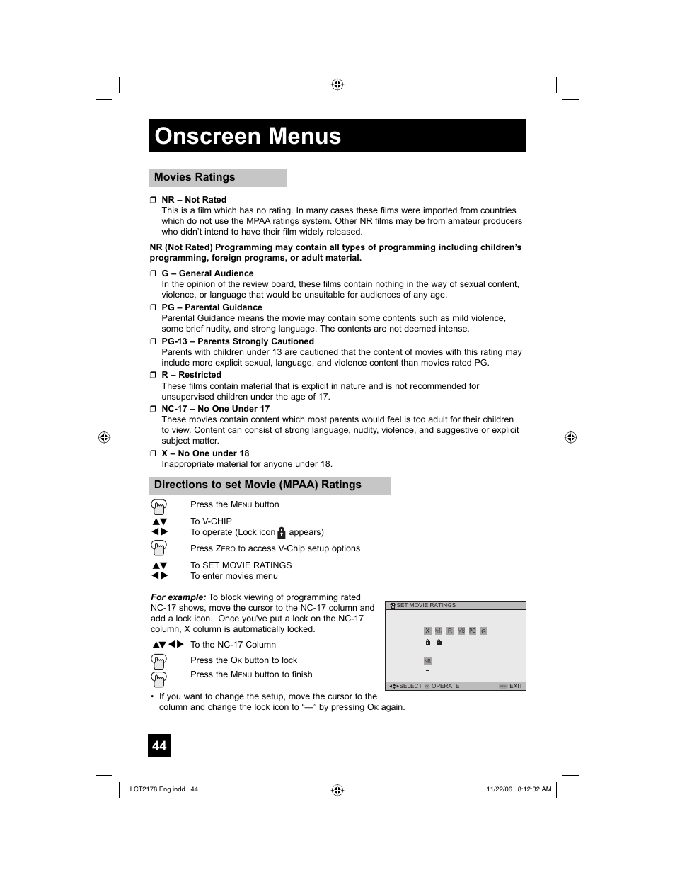 Onscreen menus, Movies ratings, Directions to set movie (mpaa) ratings | JVC HD-P61R2U User Manual | Page 44 / 96