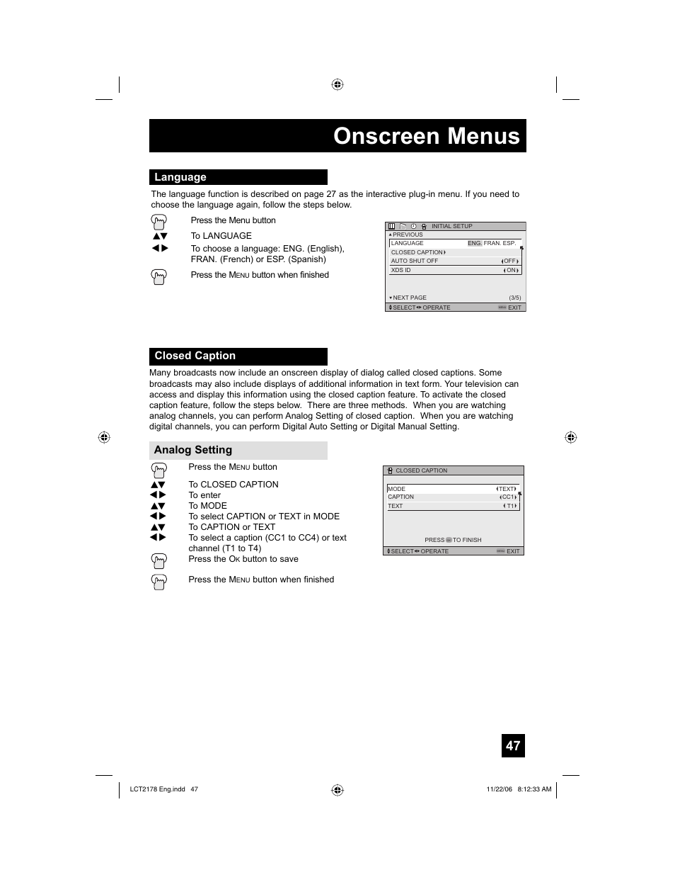 Language, Closed caption, Onscreen menus | Closed caption analog setting | JVC HD-P61R2U User Manual | Page 47 / 96
