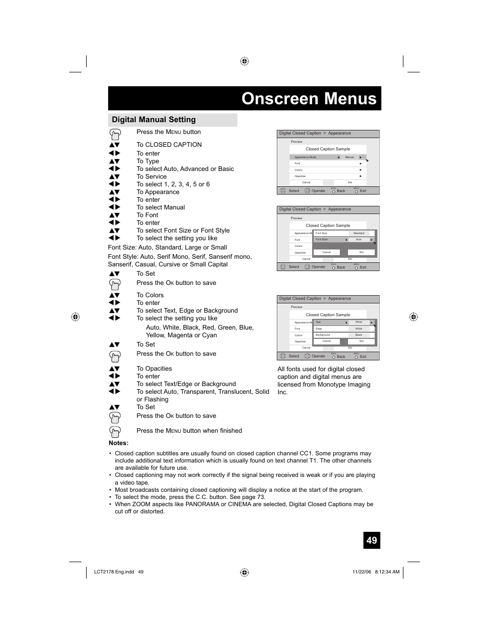 Onscreen menus, Digital manual setting | JVC HD-P61R2U User Manual | Page 49 / 96