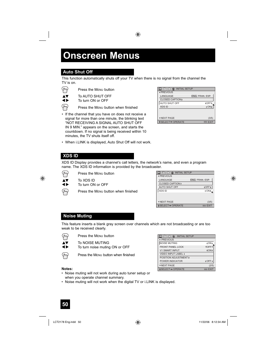 Auto shut off, Xds id, Noise muting | Onscreen menus | JVC HD-P61R2U User Manual | Page 50 / 96