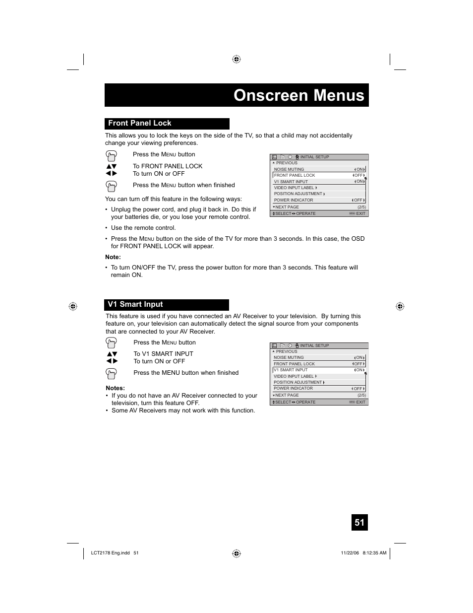 Front panel lock, V1 smart input, Onscreen menus | JVC HD-P61R2U User Manual | Page 51 / 96