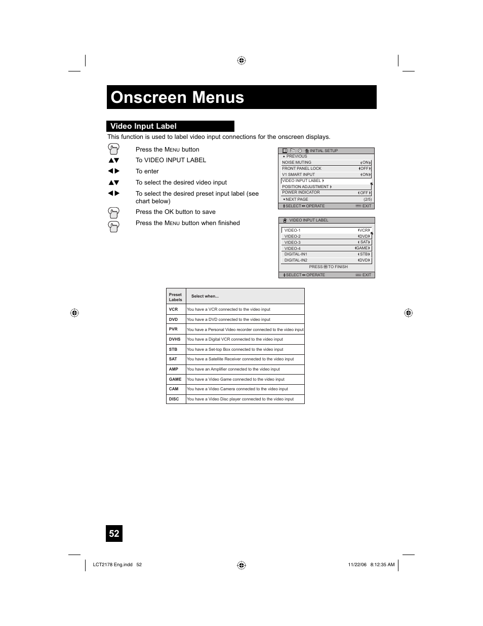 Video input label, Onscreen menus | JVC HD-P61R2U User Manual | Page 52 / 96