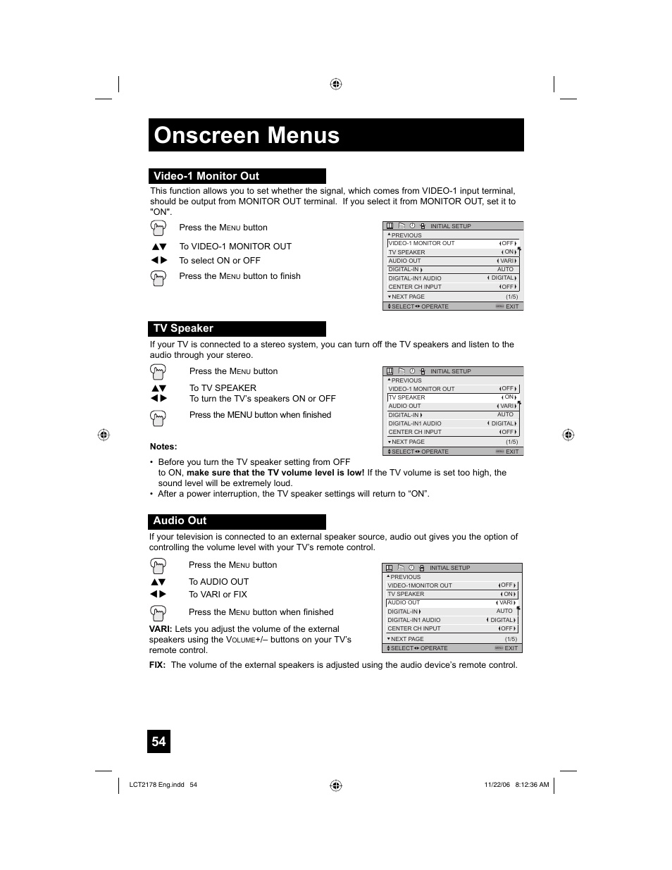 Video-1 monitor out, Tv speaker, Audio out | Onscreen menus | JVC HD-P61R2U User Manual | Page 54 / 96
