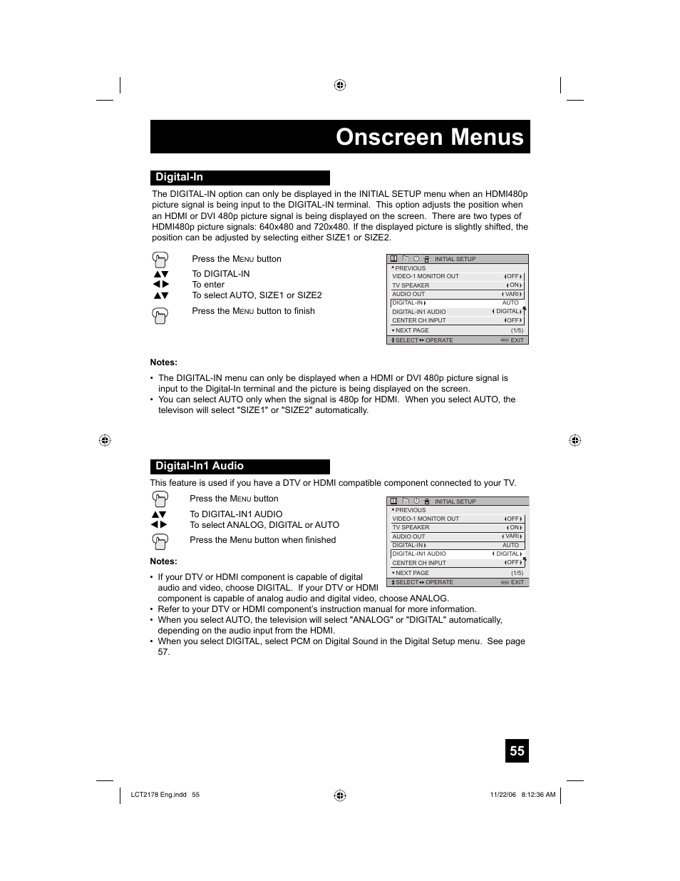 Digital-in, Digital-in1 audio, Onscreen menus | Digital-in digital-in1 audio | JVC HD-P61R2U User Manual | Page 55 / 96