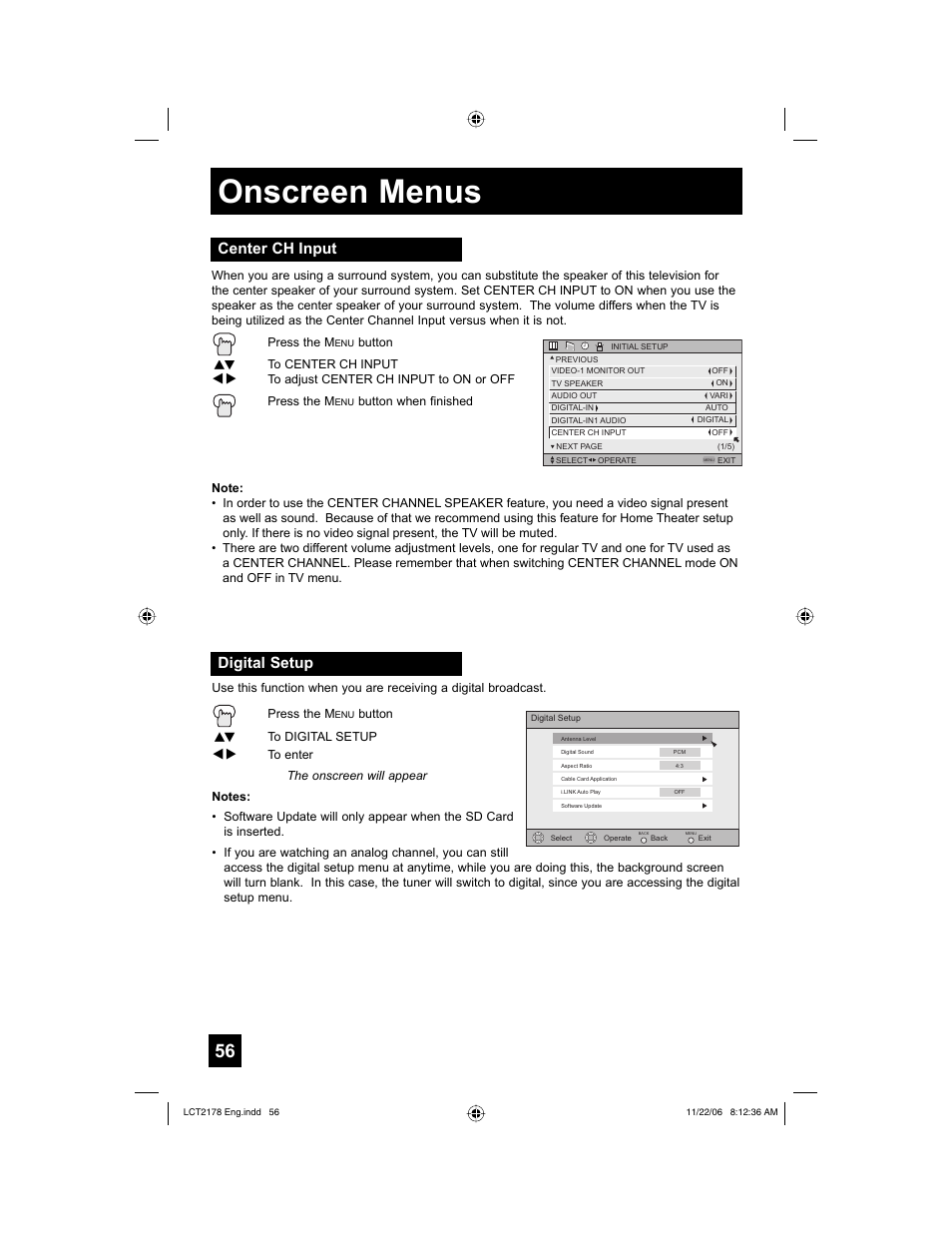 Center ch input, Digital setup, Onscreen menus | JVC HD-P61R2U User Manual | Page 56 / 96