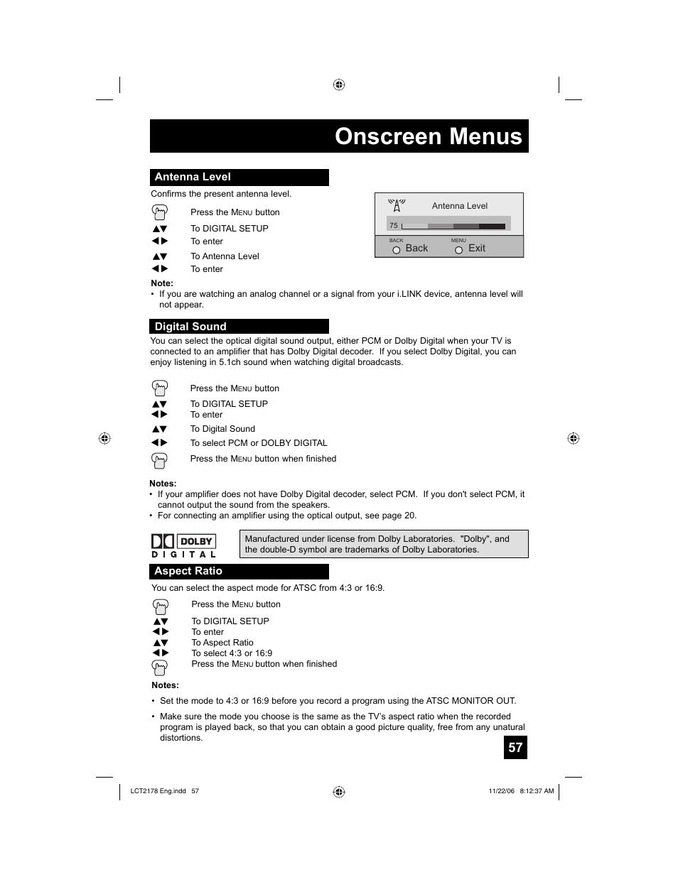 Antenna level, Digital sound, Aspect ratio | Onscreen menus | JVC HD-P61R2U User Manual | Page 57 / 96