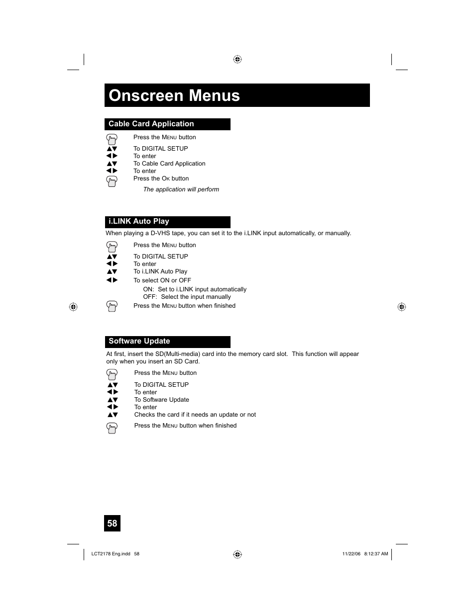 Cable card application, I.link auto play, Software update | Onscreen menus | JVC HD-P61R2U User Manual | Page 58 / 96