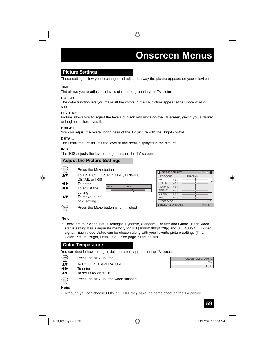 Picture settings, Color temperature, Onscreen menus | JVC HD-P61R2U User Manual | Page 59 / 96