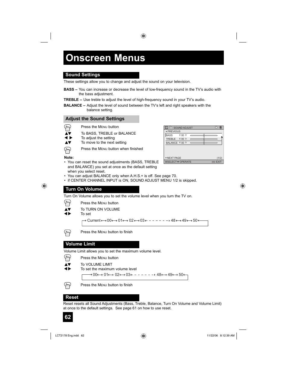 Sound settings, Turn on volume, Volume limit | Reset, Onscreen menus | JVC HD-P61R2U User Manual | Page 62 / 96