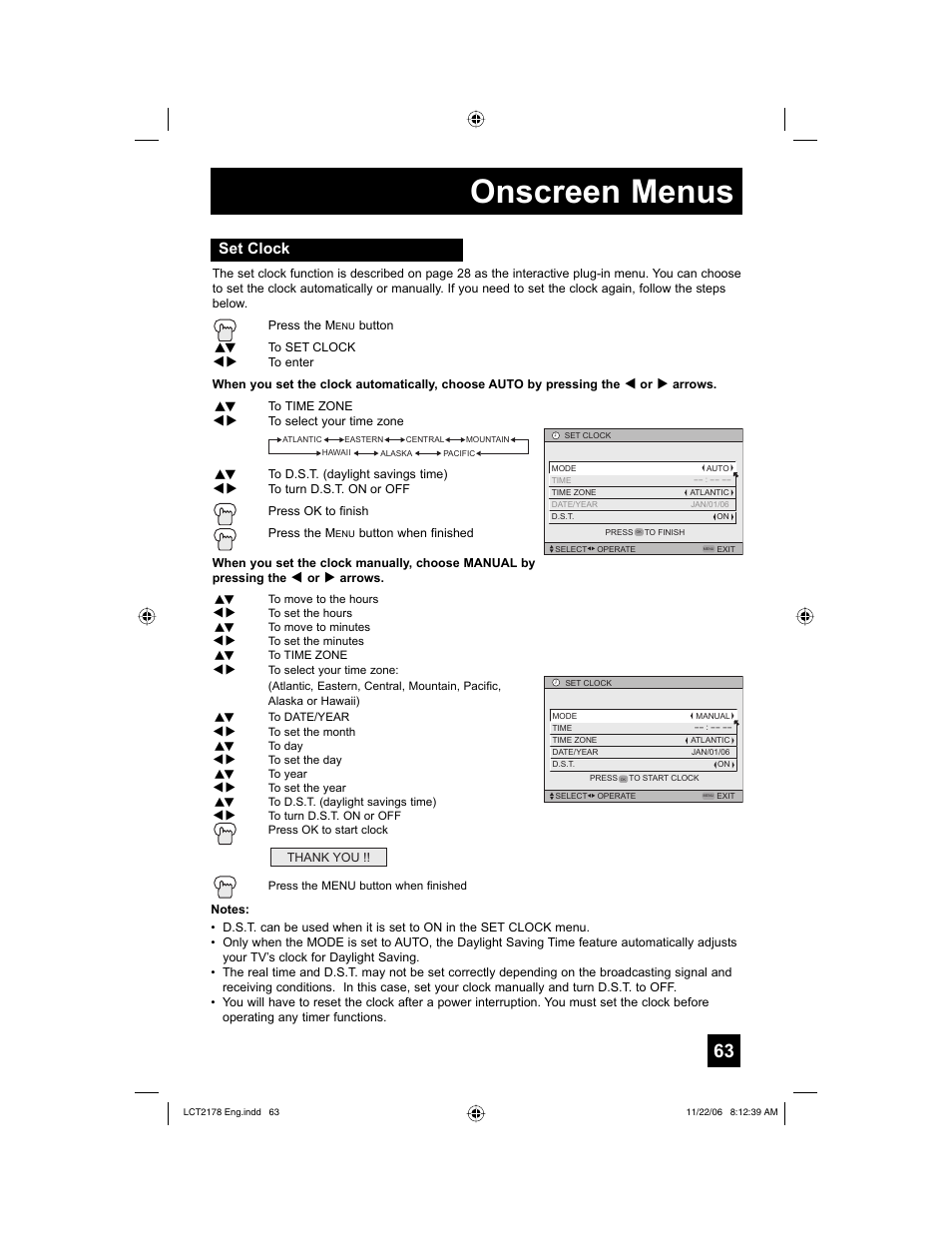Set clock, Onscreen menus | JVC HD-P61R2U User Manual | Page 63 / 96