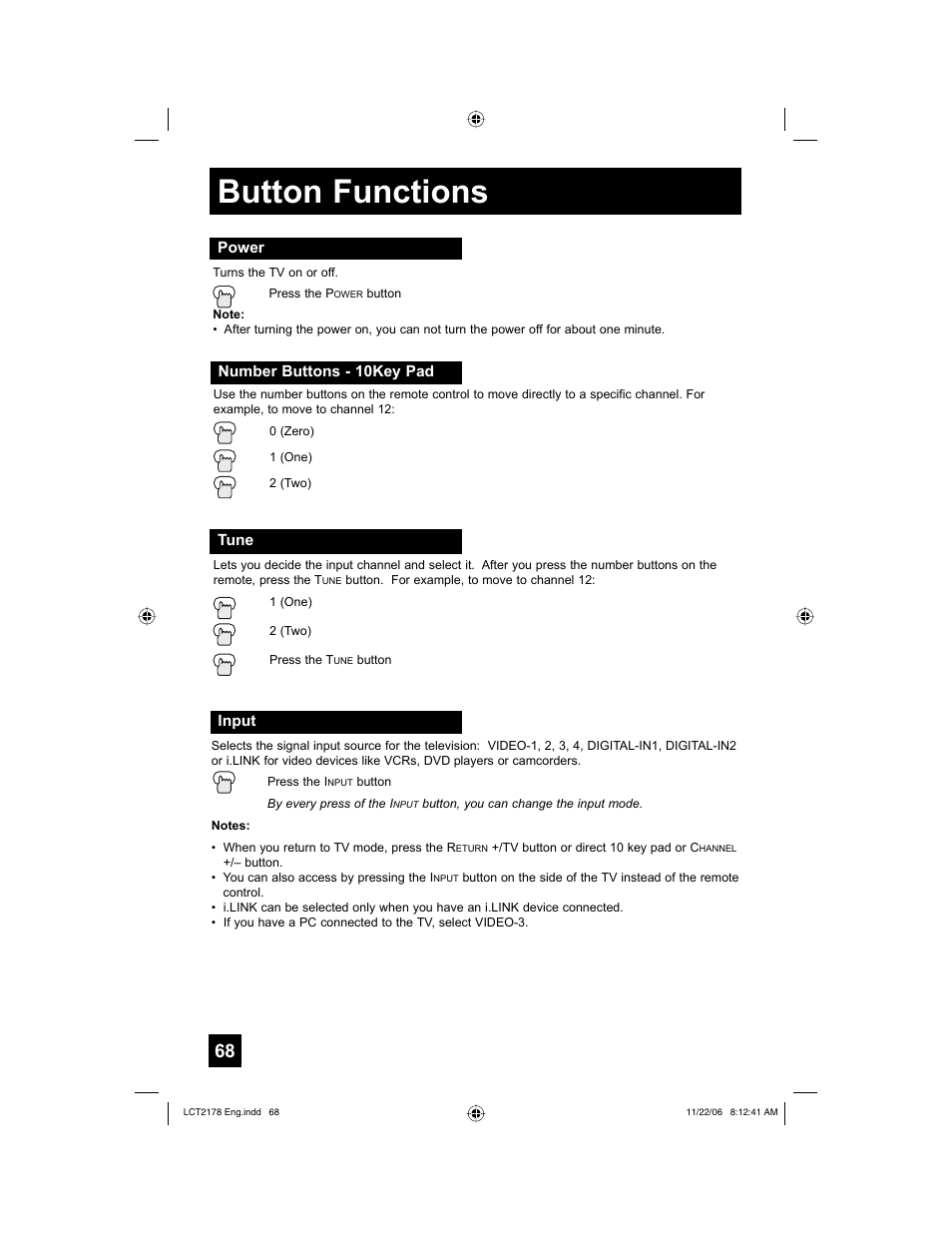 Power, Number buttons - 10key pad, Tune | Input, Button functions | JVC HD-P61R2U User Manual | Page 68 / 96