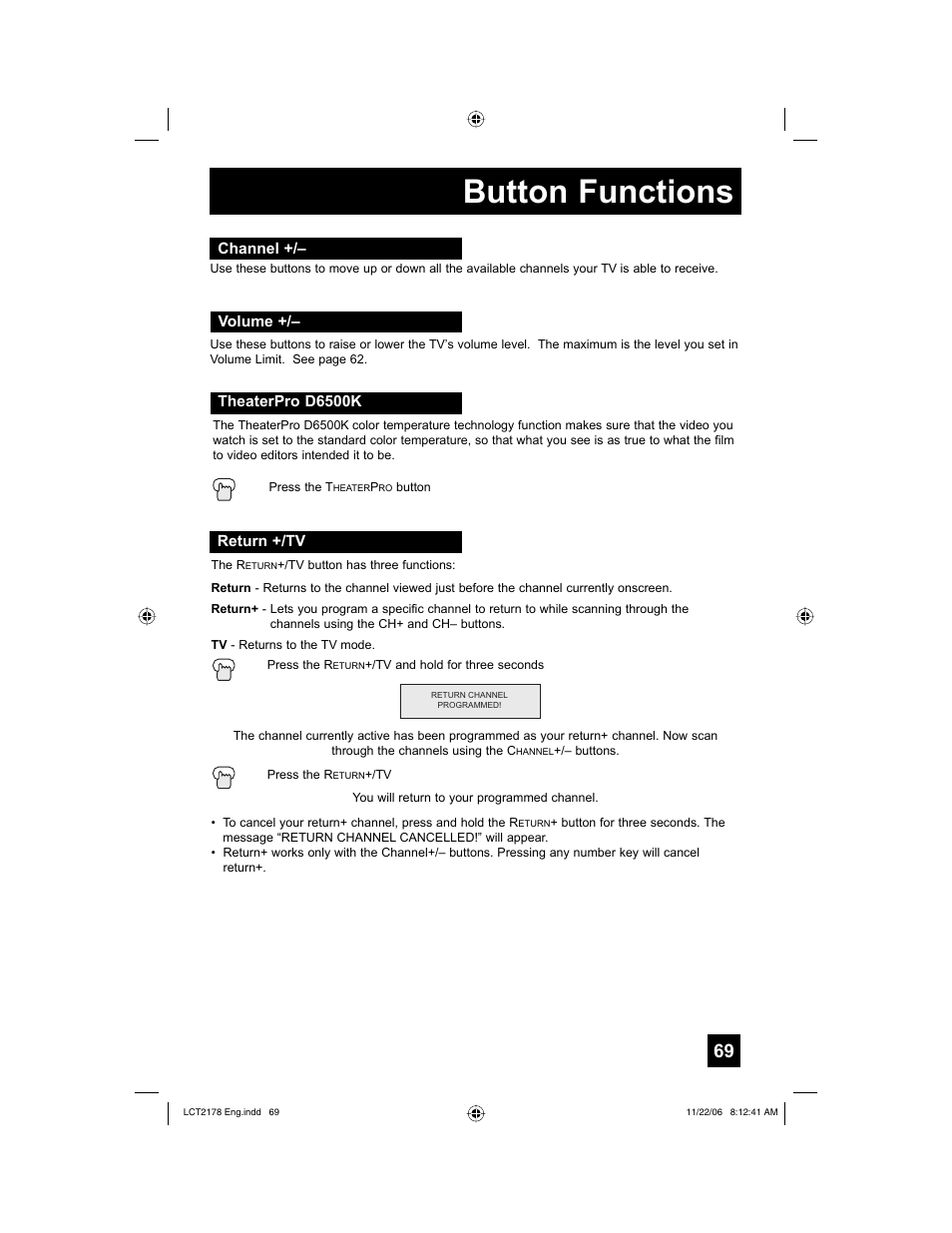 Channel, Volume, Theaterpro d6500k | Return +/tv, Button functions | JVC HD-P61R2U User Manual | Page 69 / 96