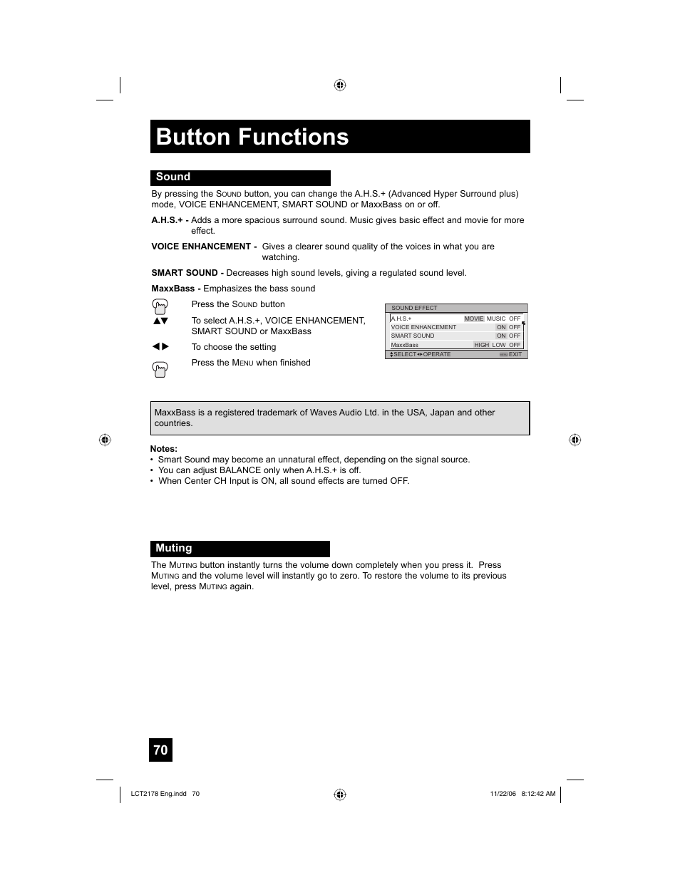 Sound, Muting, Button functions | JVC HD-P61R2U User Manual | Page 70 / 96