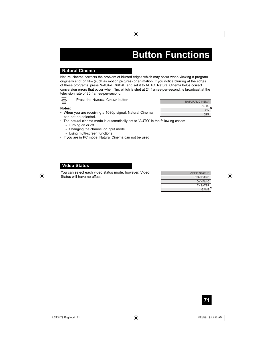 Natural cinema, Video status, Button functions | JVC HD-P61R2U User Manual | Page 71 / 96