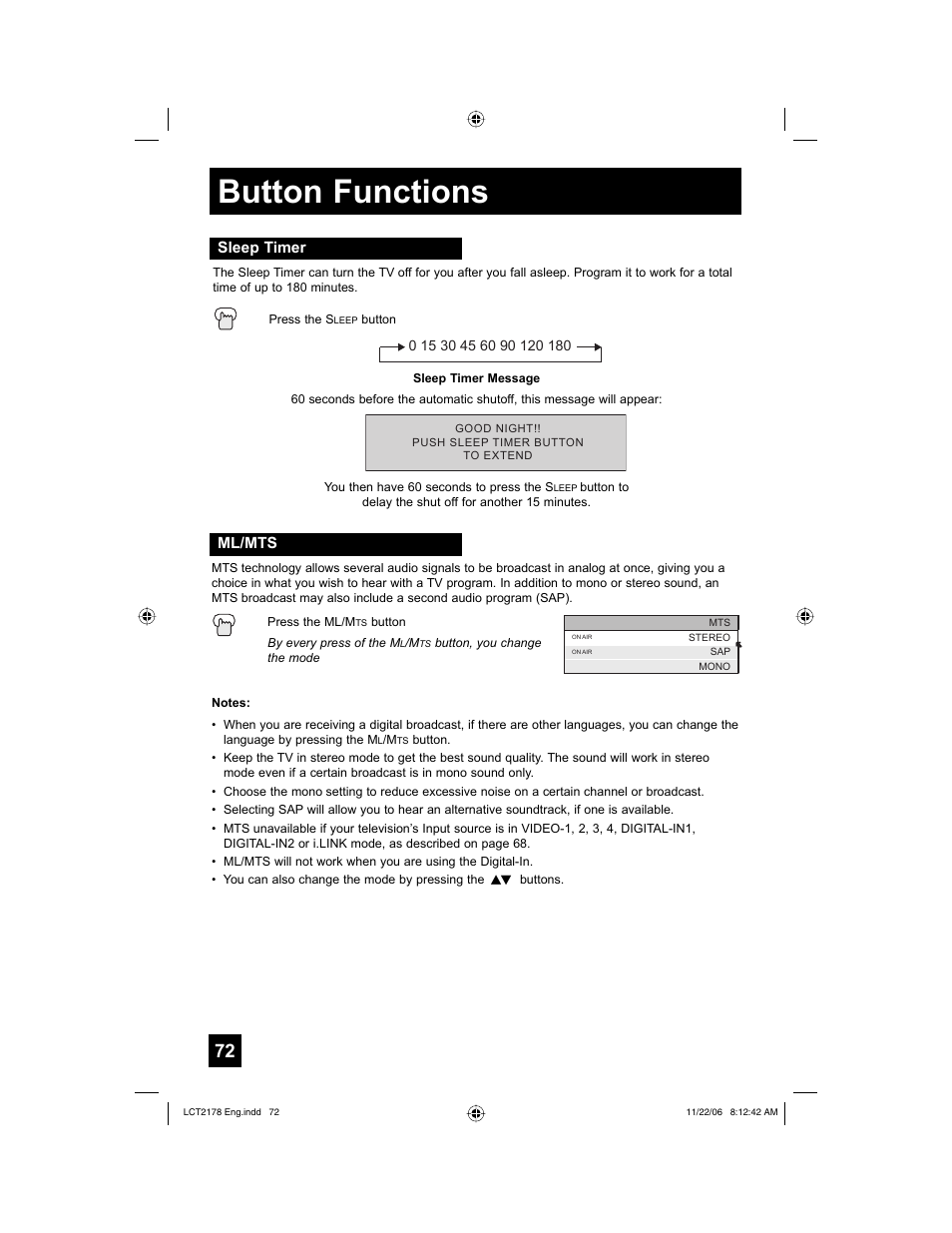 Sleep timer, Ml/mts, Button functions | JVC HD-P61R2U User Manual | Page 72 / 96