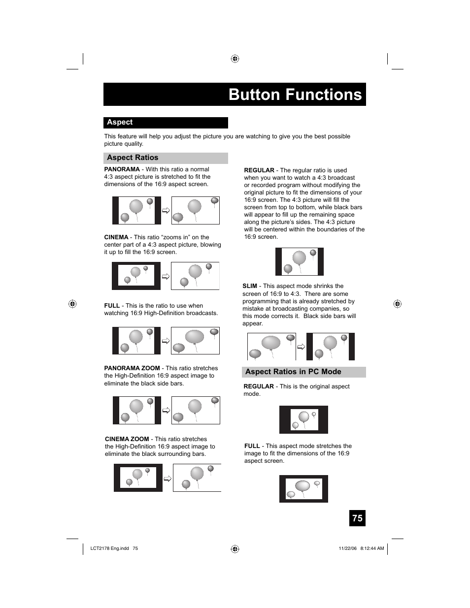 Aspect, Button functions | JVC HD-P61R2U User Manual | Page 75 / 96