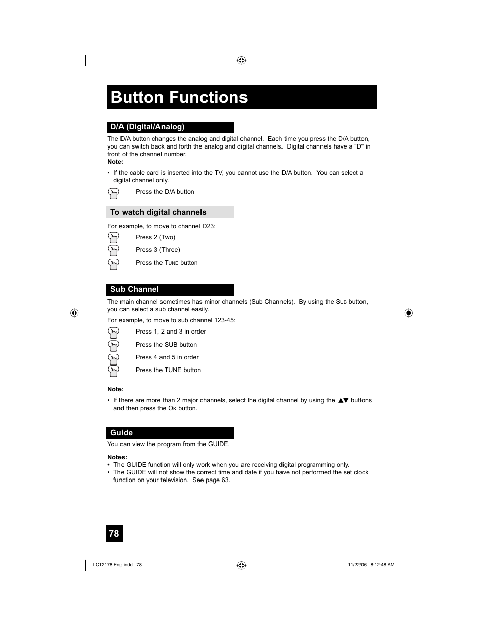 D/a (digital/analog), Sub channel, Guide | Button functions | JVC HD-P61R2U User Manual | Page 78 / 96