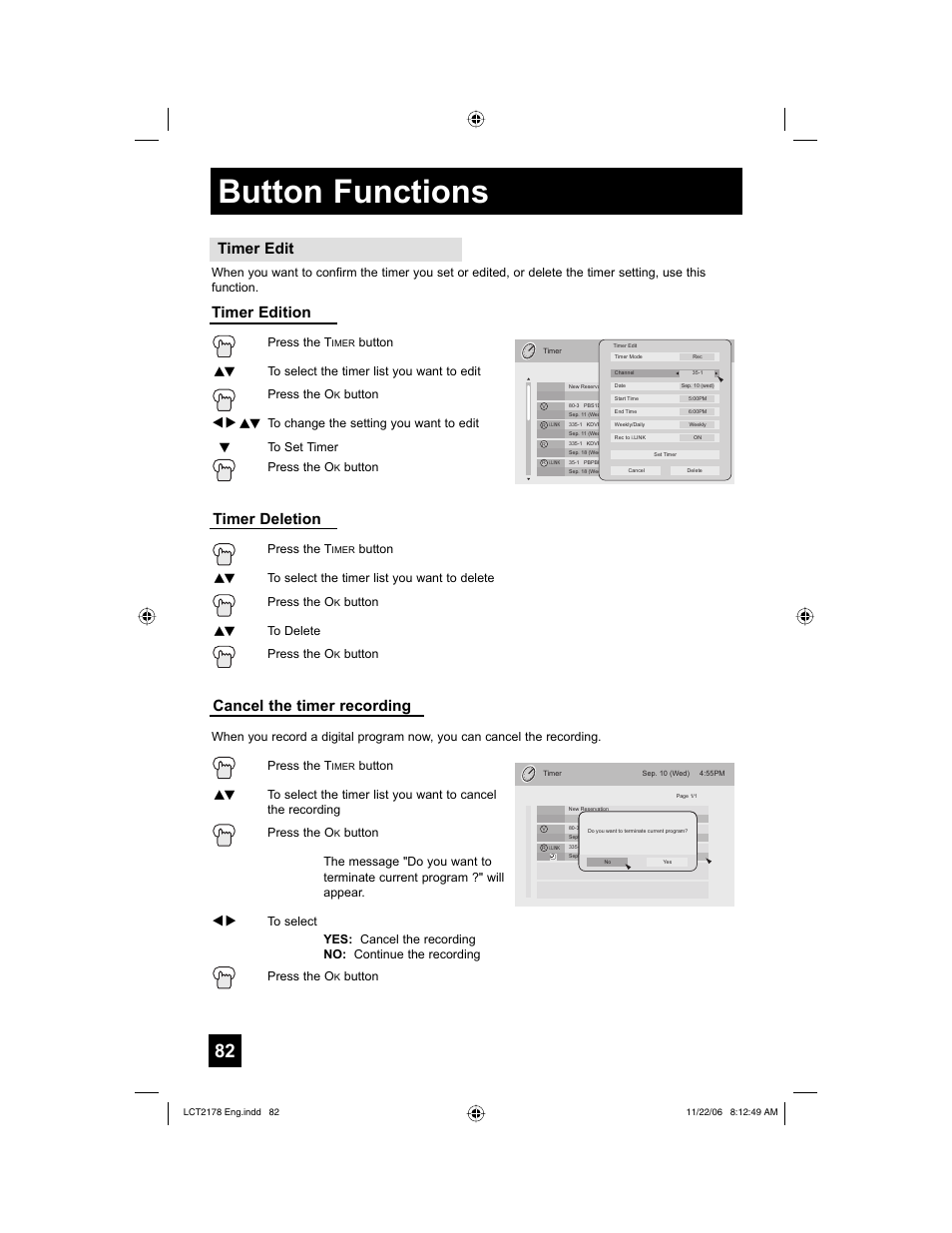 Button functions, Timer edit, Timer edition | Timer deletion, Cancel the timer recording | JVC HD-P61R2U User Manual | Page 82 / 96