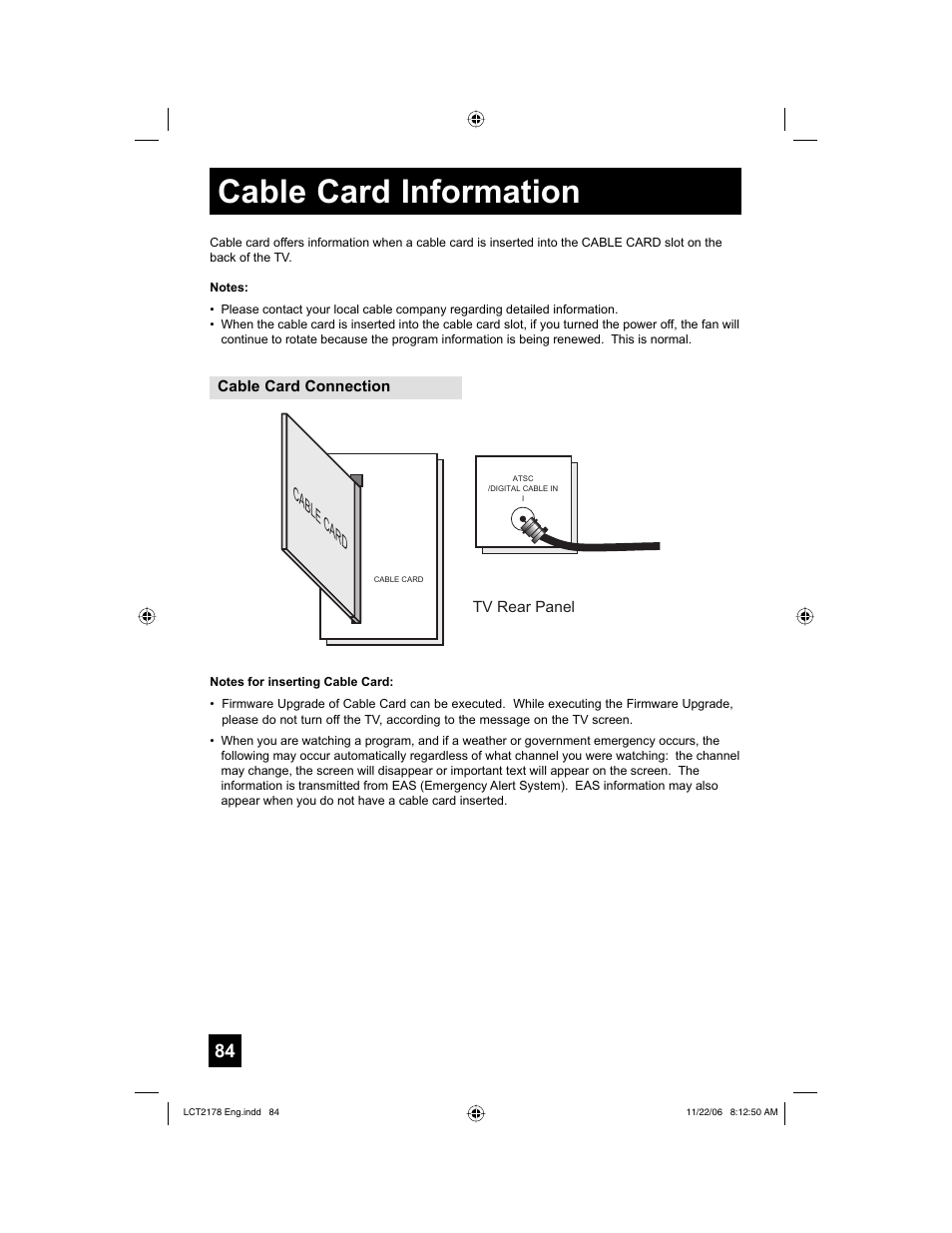 Cable card information, Cable card | JVC HD-P61R2U User Manual | Page 84 / 96