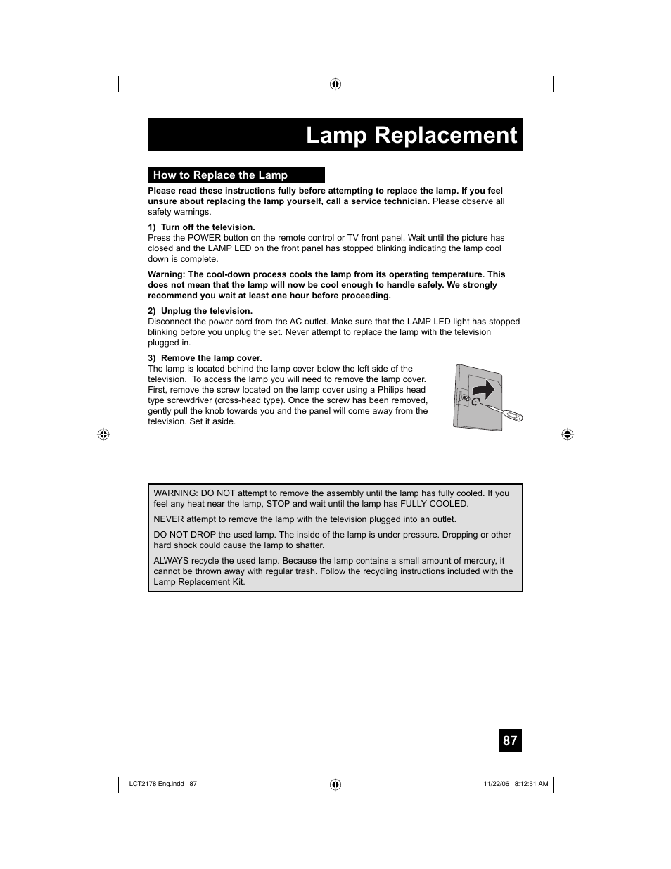 How to replace the lamp, Lamp replacement | JVC HD-P61R2U User Manual | Page 87 / 96