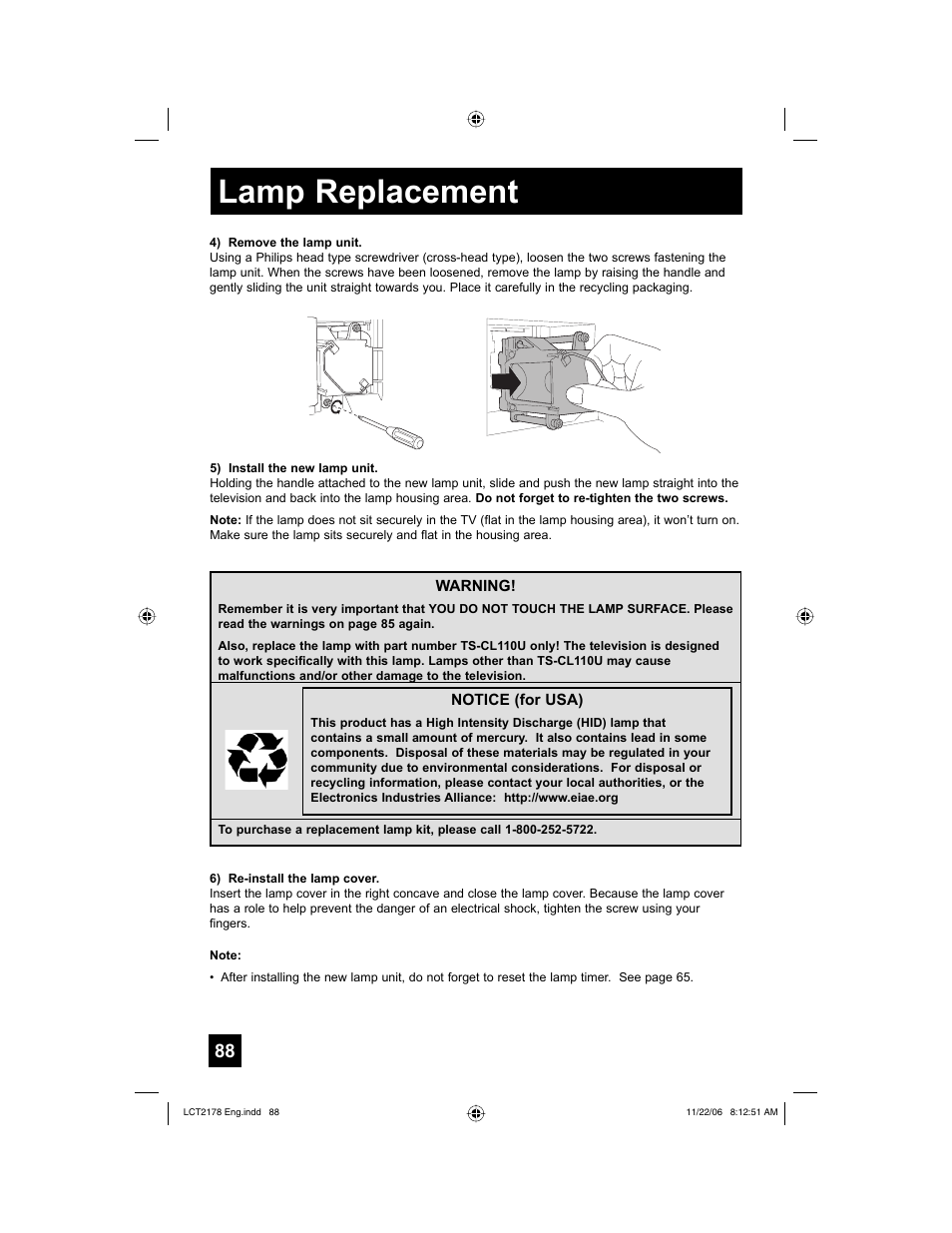 Lamp replacement | JVC HD-P61R2U User Manual | Page 88 / 96