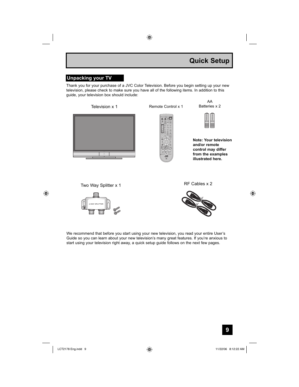 Quick setup, Unpacking your tv | JVC HD-P61R2U User Manual | Page 9 / 96