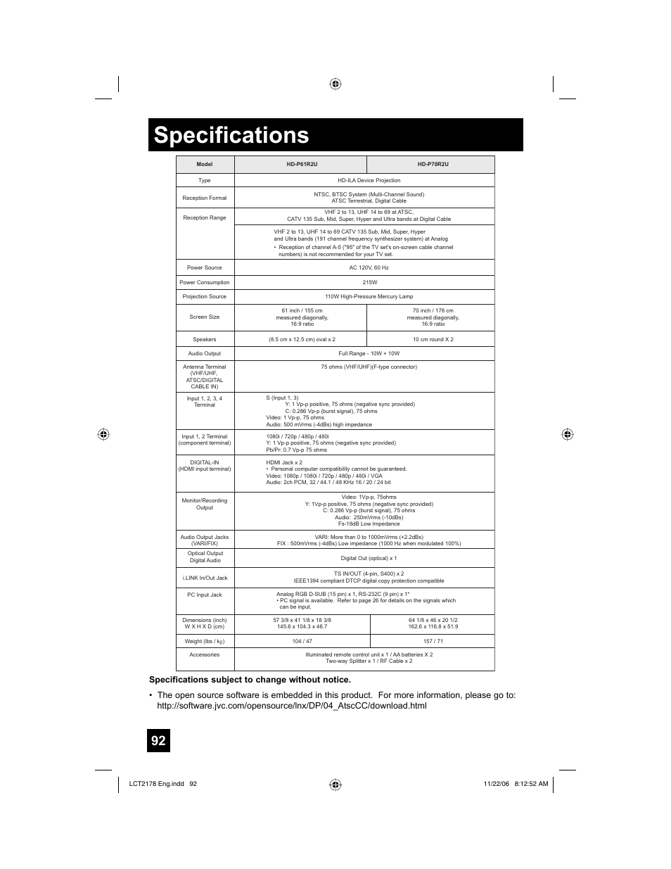 Specifications | JVC HD-P61R2U User Manual | Page 92 / 96