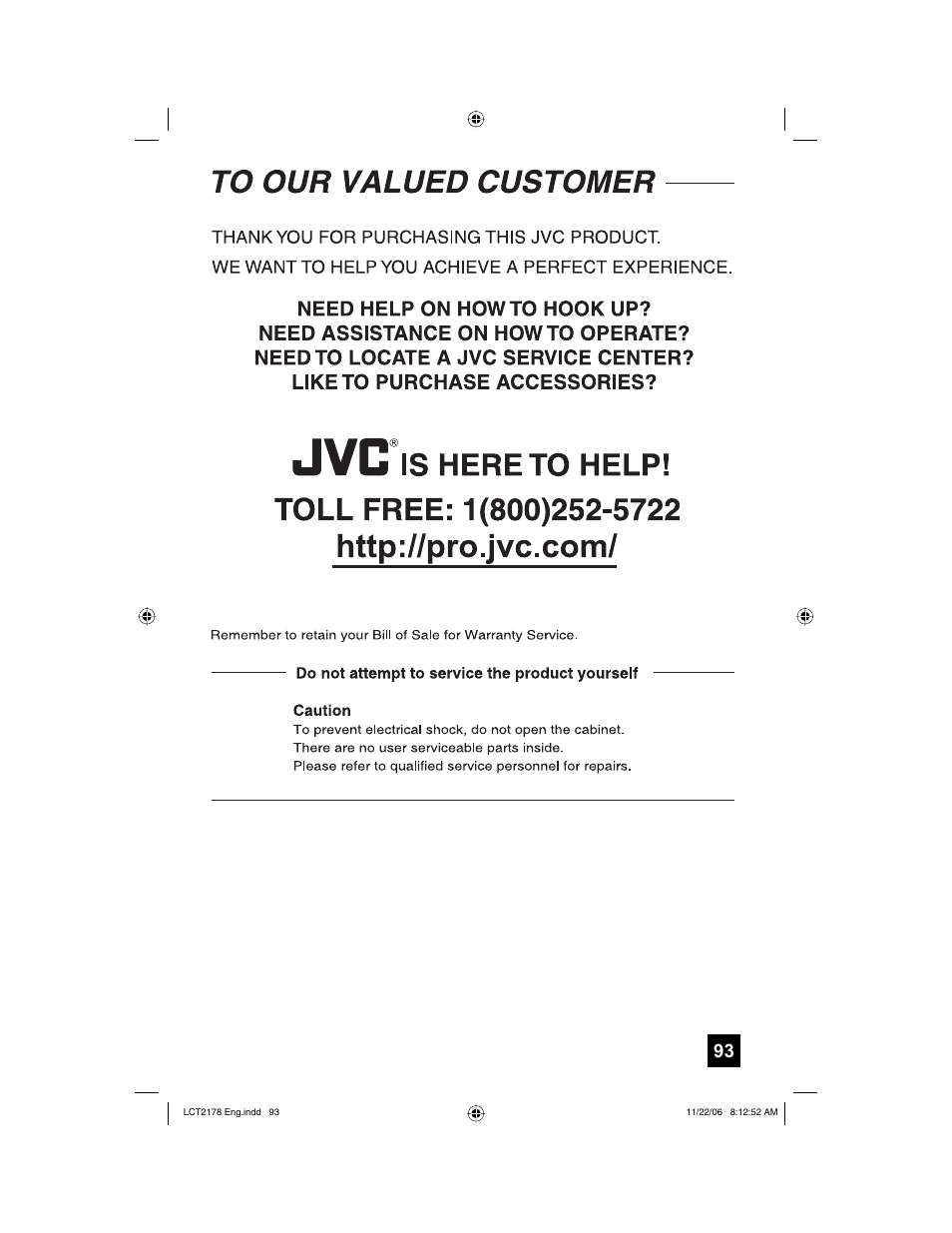 To our valued customer | JVC HD-P61R2U User Manual | Page 93 / 96