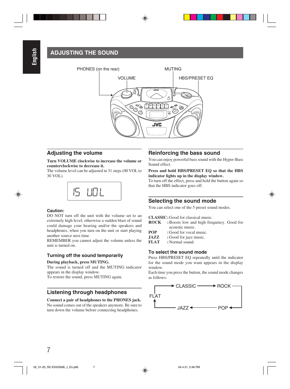 Adjusting the sound, English adjusting the sound, Adjusting the volume | Listening through headphones, Reinforcing the bass sound, Selecting the sound mode, Turning off the sound temporarily, Pop classic rock jazz flat | JVC RC-EX20S User Manual | Page 10 / 46