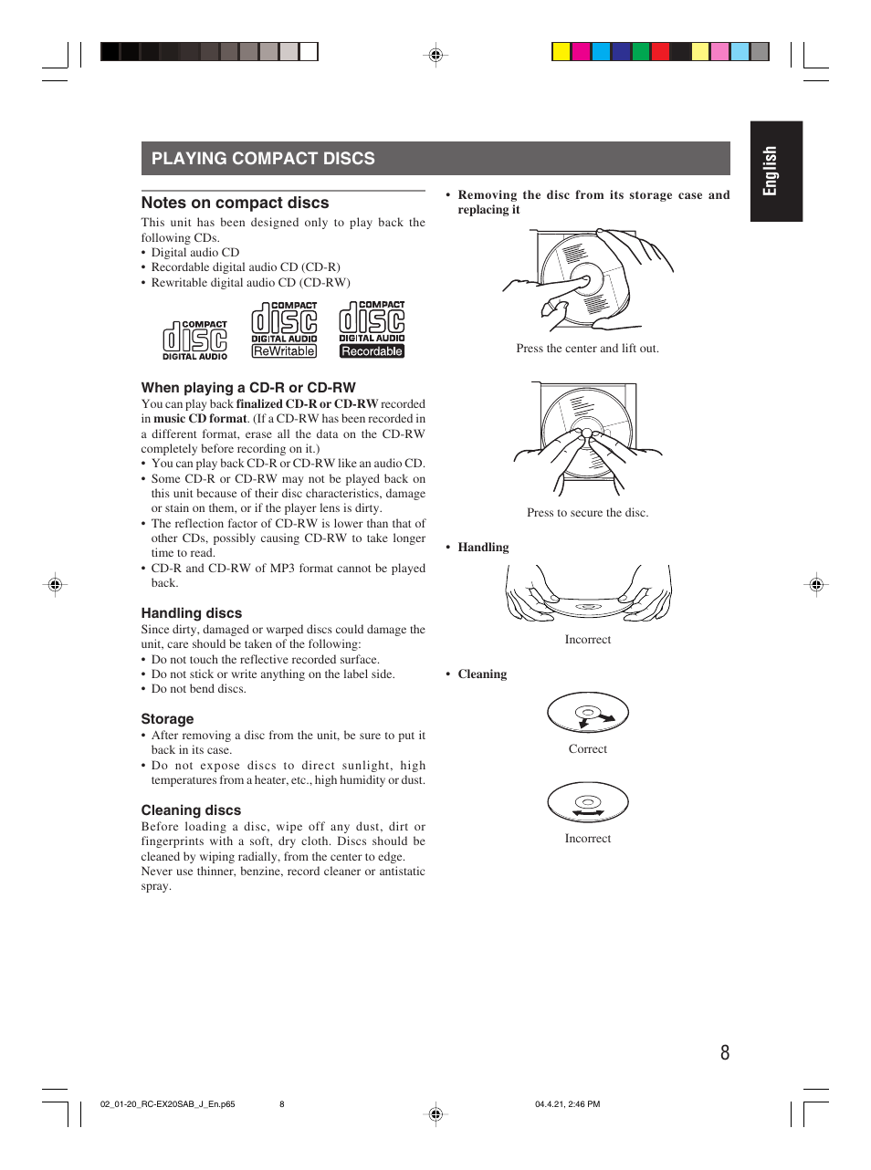 Playing compact discs, English playing compact discs | JVC RC-EX20S User Manual | Page 11 / 46