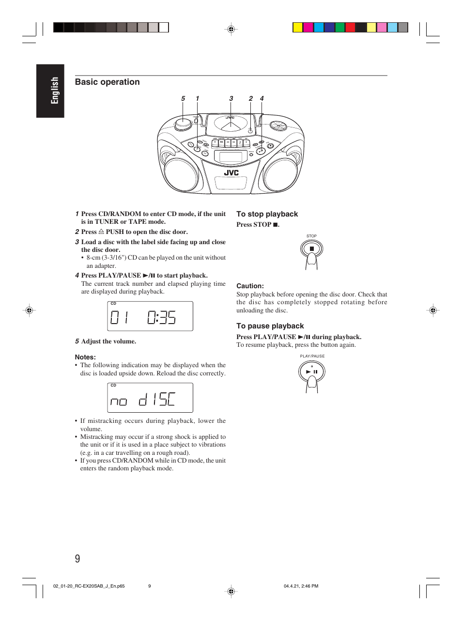 English, Basic operation, Press stop 7 | JVC RC-EX20S User Manual | Page 12 / 46