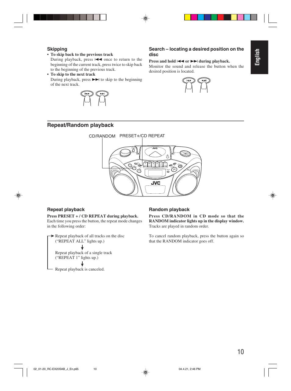 English, Repeat/random playback, Skipping | Search – locating a desired position on the disc, Repeat playback, Random playback, Preset, Cd repeat cd/random | JVC RC-EX20S User Manual | Page 13 / 46