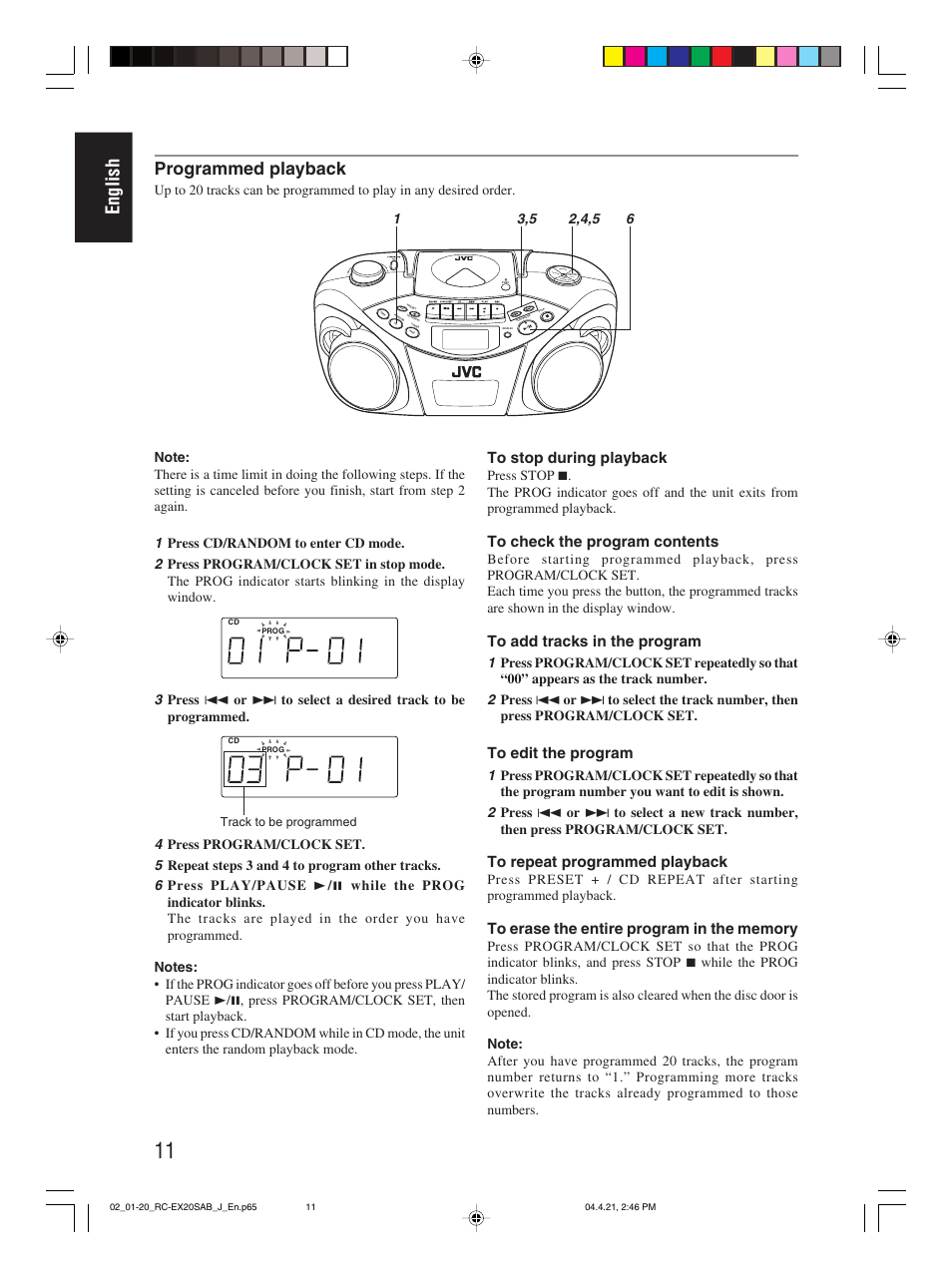 English, Programmed playback | JVC RC-EX20S User Manual | Page 14 / 46