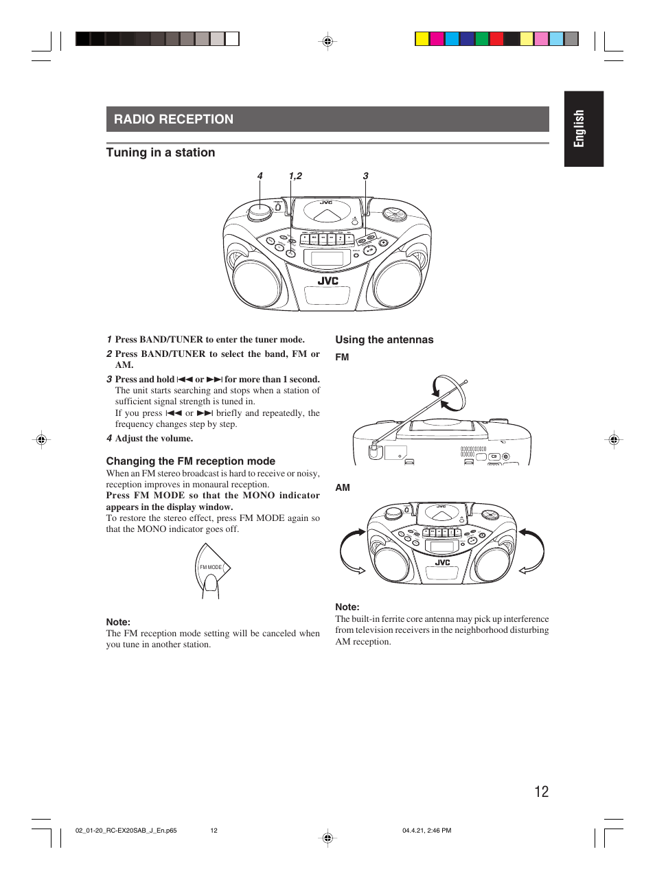 Radio reception, English radio reception, Tuning in a station | Changing the fm reception mode, Using the antennas | JVC RC-EX20S User Manual | Page 15 / 46