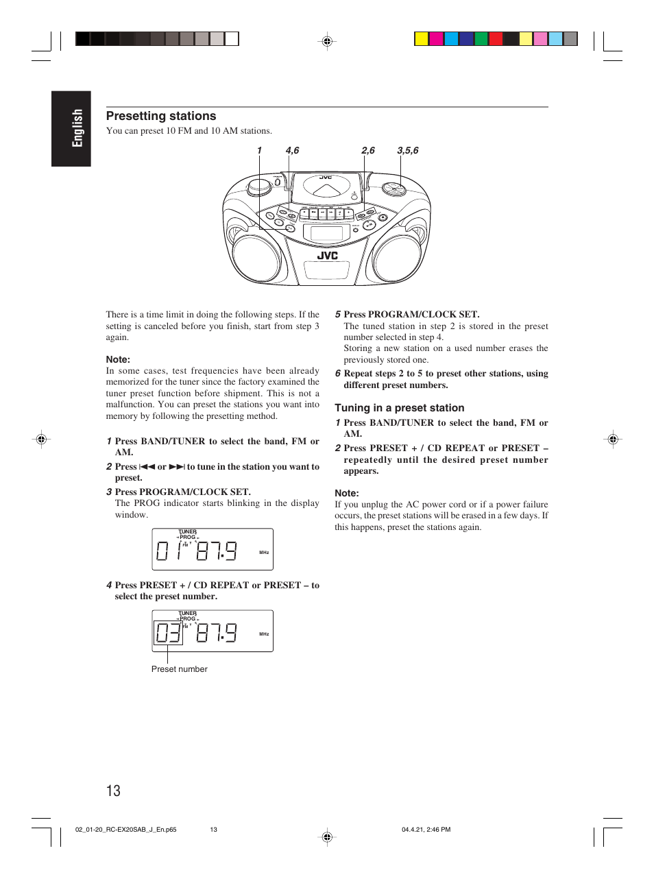 English, Presetting stations, Tuning in a preset station | You can preset 10 fm and 10 am stations | JVC RC-EX20S User Manual | Page 16 / 46