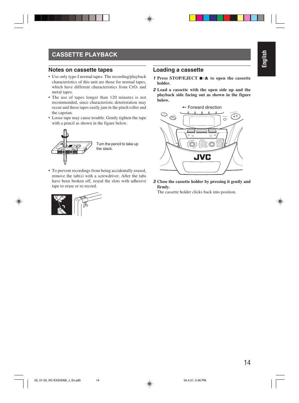 Cassette playback, English cassette playback, Loading a cassette | JVC RC-EX20S User Manual | Page 17 / 46