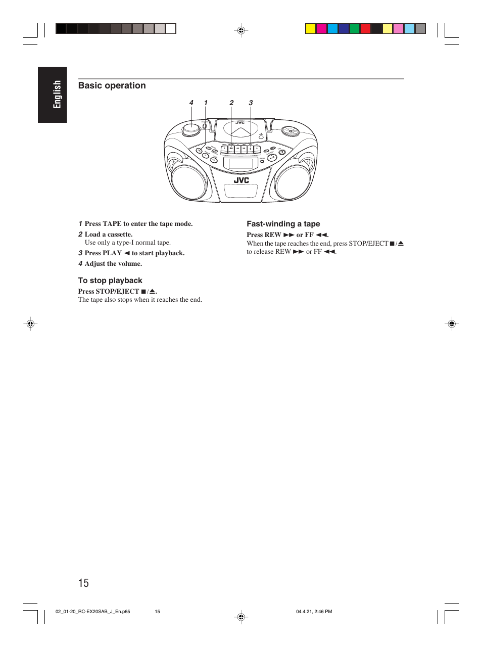 English, Basic operation, Fast-winding a tape | JVC RC-EX20S User Manual | Page 18 / 46
