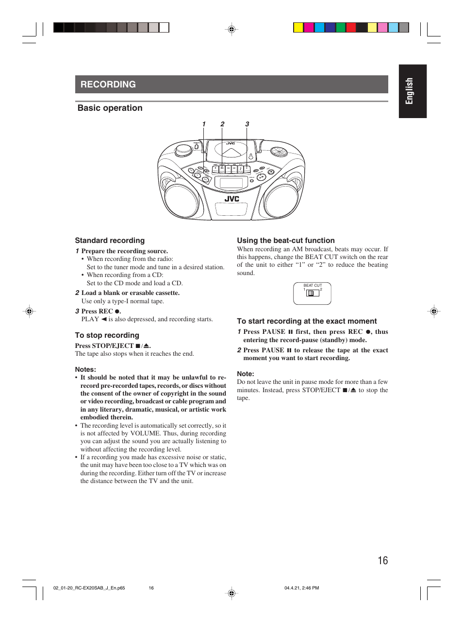 Recording, English recording, Basic operation | Standard recording, Using the beat-cut function | JVC RC-EX20S User Manual | Page 19 / 46
