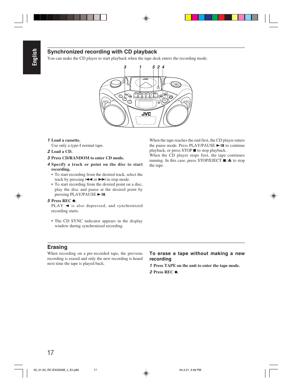 English, Synchronized recording with cd playback, Erasing | JVC RC-EX20S User Manual | Page 20 / 46