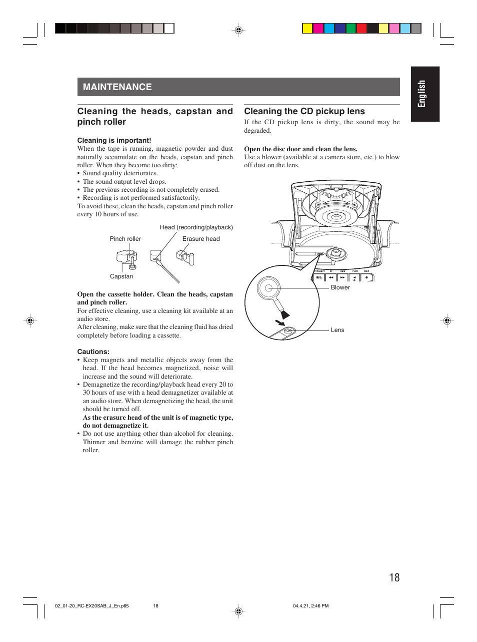 Maintenance, English maintenance | JVC RC-EX20S User Manual | Page 21 / 46