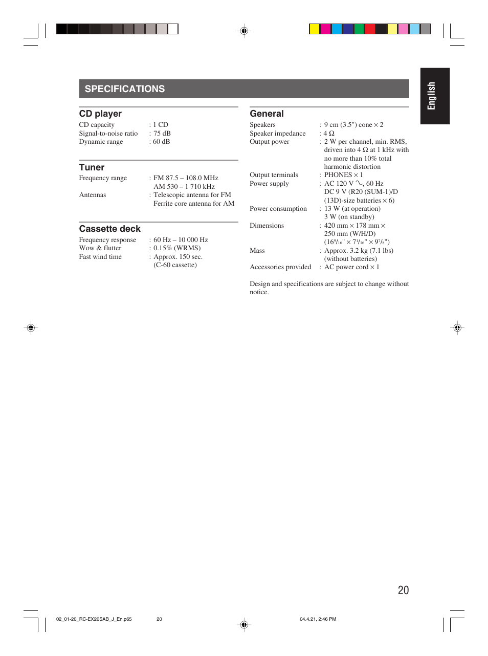 Specifications, English specifications | JVC RC-EX20S User Manual | Page 23 / 46