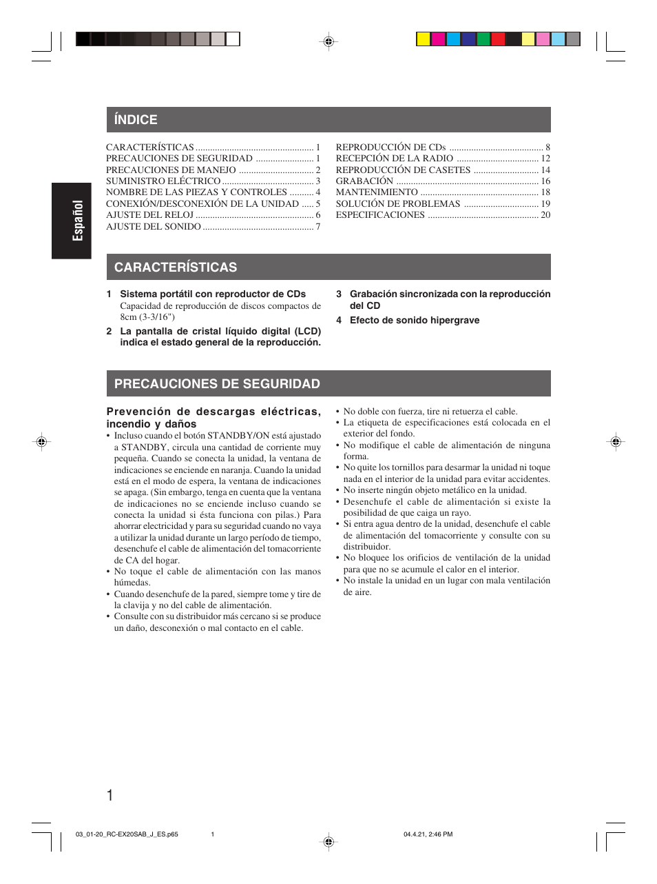 Índice, Características, Precauciones de seguridad | Español, Precauciones de seguridad características | JVC RC-EX20S User Manual | Page 24 / 46