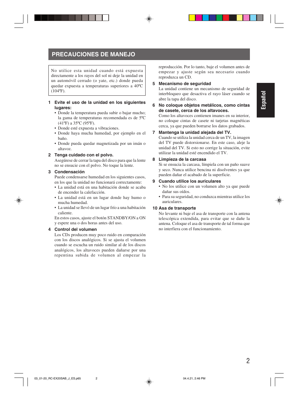 Precauciones de manejo, Español precauciones de manejo | JVC RC-EX20S User Manual | Page 25 / 46