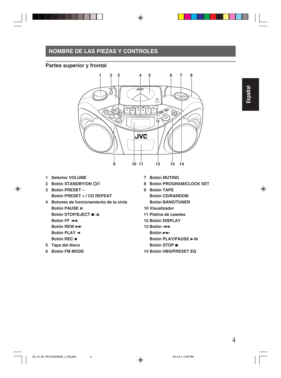 Nombre de las piezas y controles, Español nombre de las piezas y controles, Partes superior y frontal | JVC RC-EX20S User Manual | Page 27 / 46