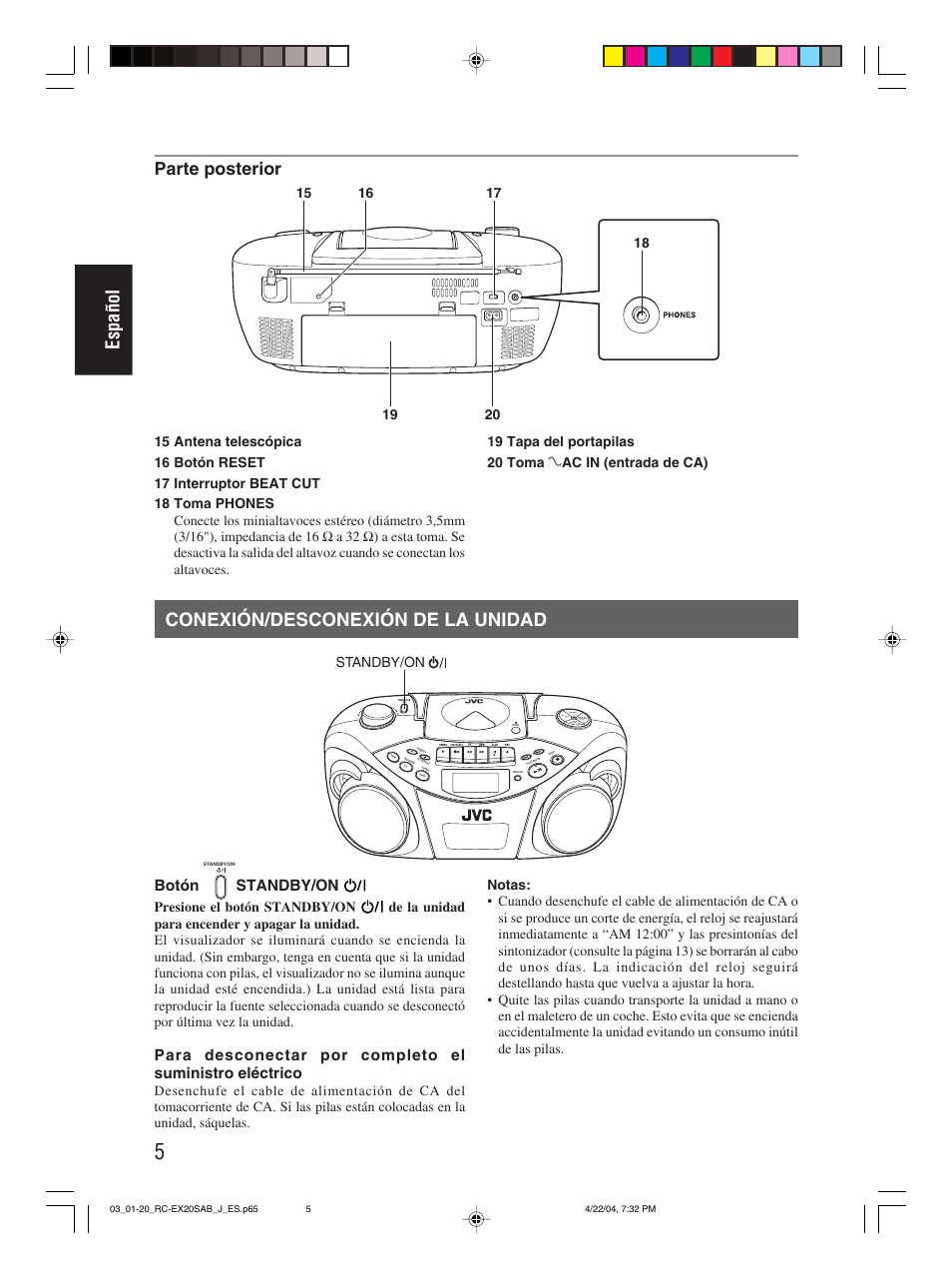 Conexión/desconexión de la unidad, Español, Parte posterior | Botón, Standby/on | JVC RC-EX20S User Manual | Page 28 / 46